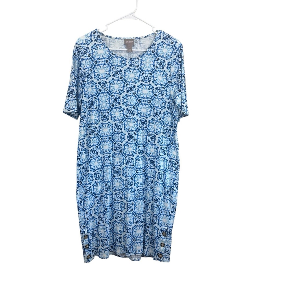 Chico's T-Shirt Dress Women 1 US Medium Blue Medallion Short Sleeve Cotton